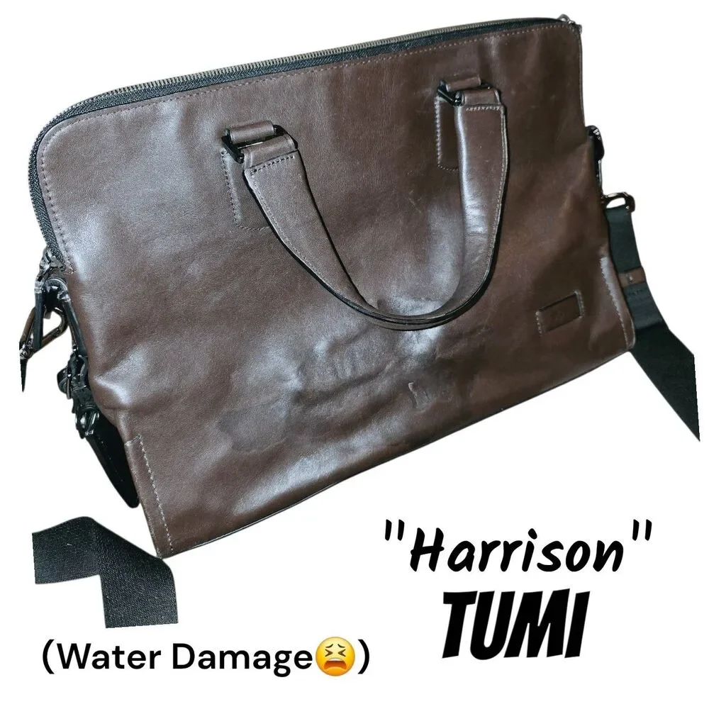 Tumi Harrison Seneca Slim Brown Leather Laptop Logo Travel Office Briefcase FLAW